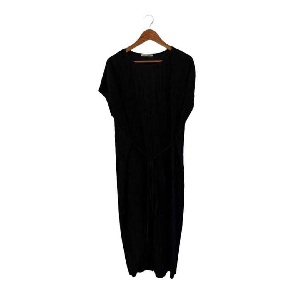 ZARA Women's Black Midi Dress Ribbed Medium M Tie Belt Stretch